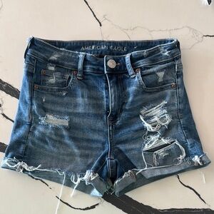 American Eagle Outfitters hi rise shortie super stretch Ripped Blue Jean Shorts